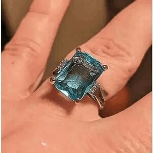 Dark Aquamarine Diamond White Gold Anniversary Engagement Ring